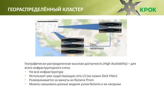 Географически-распределенная высокая доступность (High Availability) – для
всего инфраструктурного стека:
• На всю инфраструктуру
• Использует уже существующую сеть L3 (не нужен Dark Fiber)
• Разворачивается за минуты из Nutanix Prism
• Можно смешивать разные модели узлов Nutanix и их нагрузки
Сеть
заказчика
ГЕОРАСПРЕДЕЛЁННЫЙ КЛАСТЕР
 