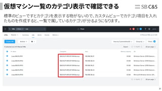 31
仮想マシン一覧のカテゴリ表示で確認できる
標準のビューですとカテゴリを表示する物がないので､カスタムビューでカテゴリ項目を入れ
たものを作成すると、一覧で属しているカテゴリが分るようになります。
 