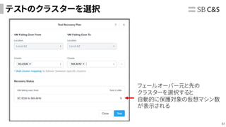 51
テストのクラスターを選択
フェールオーバー元と先の
クラスターを選択すると
自動的に保護対象の仮想マシン数
が表示される
 
