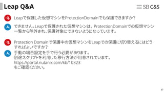 67
Leap Q&A
Q. Leapで保護した仮想マシンをProtectionDomainでも保護できますか？
A. できません。Leapで保護された仮想マシンは、 ProtectionDomainでの仮想マシン
一覧から除外され、保護対象にできないようになっています。
Q. Protection Domainで保護中の仮想マシンをLeapでの保護に切り替えるにはどう
すればよいですか？
A. 手動の場合設定を手で行う必要があります。
別途スクリプトを利用した移行方法が用意されています。
https://portal.nutanix.com/kb/10323
をご確認ください。
 