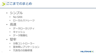 32
ここまでのまとめ
• シンプル
• No-SAN
• ローカルストレージ
• 高速
• データローカリティ
• キャッシュ
• データ階層化
• 堅牢
• 分散コントローラー
• 筐体間レプリケーション
• 冗長性の自動修復
 