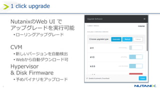 33
1 click upgrade
NutanixのWeb UI で
アップグレードを実行可能
• ローリングアップグレード
CVM
• 新しいバージョンを自動検出
• Webから自動ダウンロード可
Hypervisor
& Disk Firmware
• 予めバイナリをアップロード
 