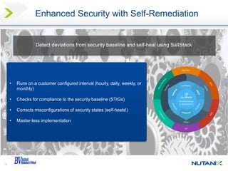 19
Enhanced Security with Self-Remediation
• Runs on a customer configured interval (hourly, daily, weekly, or
monthly)
• Checks for compliance to the security baseline (STIGs)
• Corrects misconfigurations of security states (self-heals!)
• Master-less implementation
Detect deviations from security baseline and self-heal using SaltStack
 