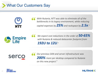 31
What Our Customers Say
With Nutanix, NTT was able to eliminate all of the
bottlenecks in its legacy environment, while reducing
capital expenses by 25% and rackspace by 2.5x.”
“ Our previous SAN and server infrastructure was
200% more per desktop compared to Nutanix
on this new project.”
We expect cost reductions in the order of 50-65%
with Nutanix & reduced datacenter footprint from
192U to 12U.”
“
“
 