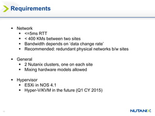 12
 Network
 <=5ms RTT
 < 400 KMs between two sites
 Bandwidth depends on ‘data change rate’
 Recommended: redundant physical networks b/w sites
 General
 2 Nutanix clusters, one on each site
 Mixing hardware models allowed
 Hypervisor
 ESXi in NOS 4.1
 Hyper-V/KVM in the future (Q1 CY 2015)
Requirements
 