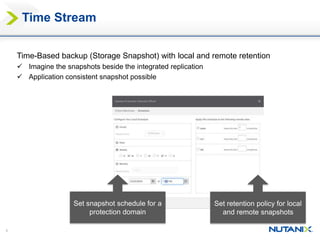 8
Time Stream
Set retention policy for local
and remote snapshots
Set snapshot schedule for a
protection domain
Time-Based backup (Storage Snapshot) with local and remote retention
 Imagine the snapshots beside the integrated replication
 Application consistent snapshot possible
 