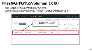 21
次は分散共有フォルダを作成してみます。
先程と同じようにPrismから、分散共有フォルダを作成すると・・・
Filesから作られるVolumes（分散）
分散共有フォルダ
 