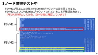 37
1ノード障害テスト中
FSVM3が停止した状態でVolumesのマウント状況を見てみると、
FSVM2に２つのVolumesがマウントされていることが確認出来ます。
（FSVM3が停止してから、数十秒後に確認しています）
FSVM2
FSVM1
 