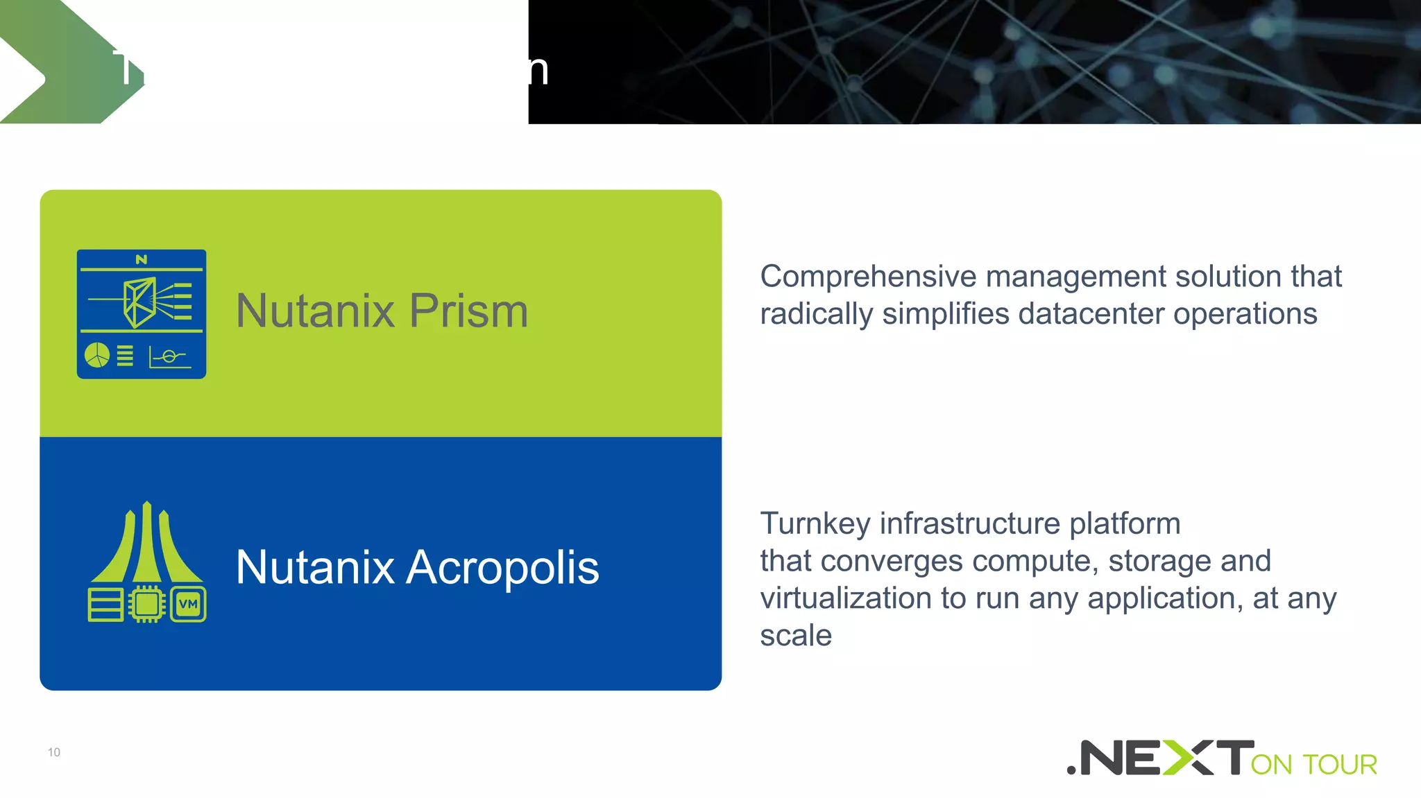 10
Turnkey infrastructure platform
that converges compute, storage and
virtualization to run any application, at any
scale
Comprehensive management solution that
radically simplifies datacenter operations
The Nutanix Solution
Nutanix Prism
Nutanix Acropolis
 