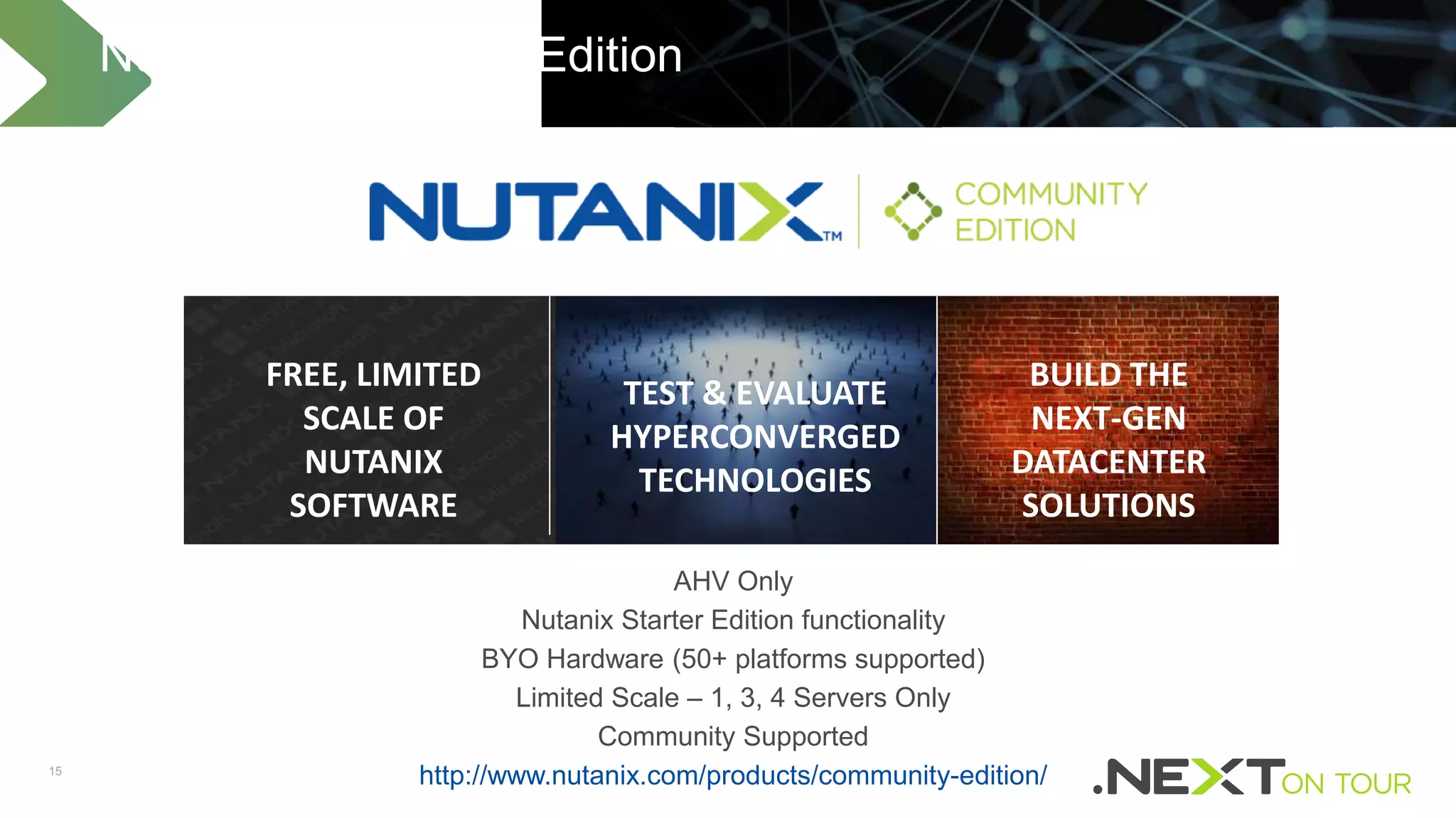 15
Nutanix Community Edition
FREE, LIMITED
SCALE OF
NUTANIX
SOFTWARE
BUILD THE
NEXT-GEN
DATACENTER
SOLUTIONS
TEST & EVALUATE
HYPERCONVERGED
TECHNOLOGIES
AHV Only
Nutanix Starter Edition functionality
BYO Hardware (50+ platforms supported)
Limited Scale – 1, 3, 4 Servers Only
Community Supported
http://www.nutanix.com/products/community-edition/
 