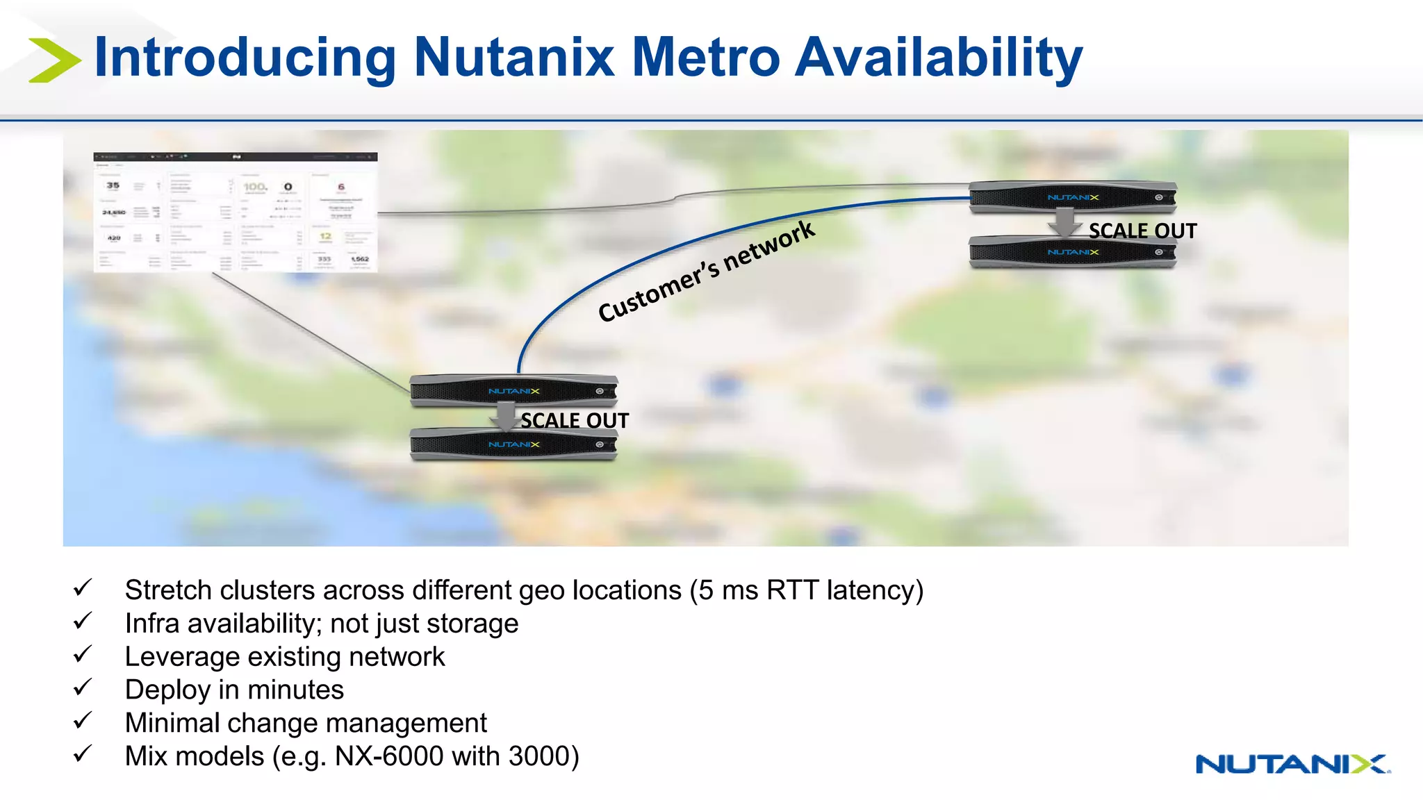 Introducing Nutanix Metro Availability
SCALE OUT
SCALE OUT
 Stretch clusters across different geo locations (5 ms RTT latency)
 Infra availability; not just storage
 Leverage existing network
 Deploy in minutes
 Minimal change management
 Mix models (e.g. NX-6000 with 3000)
 