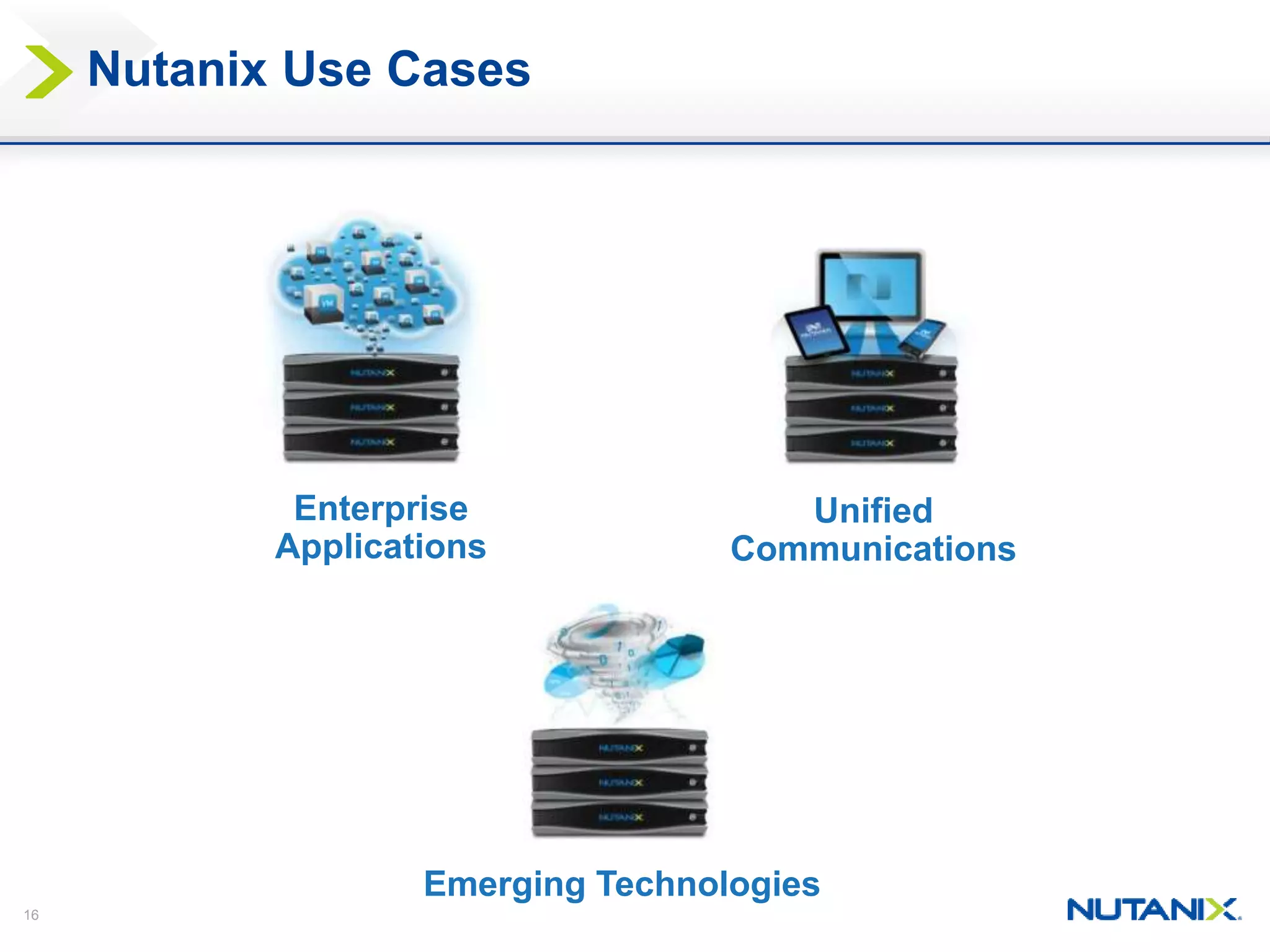 16
Nutanix Use Cases
Unified
Communications
Enterprise
Applications
Emerging Technologies
 