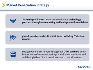 5
Market Penetration Strategy
Technology Alliances:work closely with our technology
partners through co-marketing and lead-generationactivities
global sales force who directly interact with key IT decision
makers.
engage our end customers through our OEM partners, which
license our software and package it with their hardware, and
sell through their direct sales forces and channel partners.
 