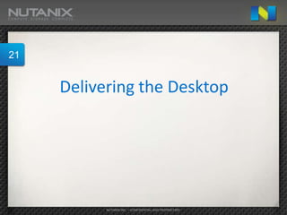 21
21


     Delivering the Desktop




           NUTANIX INC. – CONFIDENTIAL AND PROPRIETARY
 