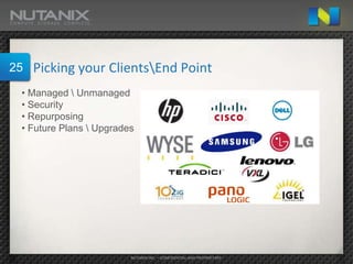 25   Picking your ClientsEnd Point
 • Managed  Unmanaged
 • Security
 • Repurposing
 • Future Plans  Upgrades




                         NUTANIX INC. – CONFIDENTIAL AND PROPRIETARY
 