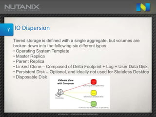 7   IO Dispersion
    Tiered storage is defined with a single aggregate, but volumes are
    broken down into the following six different types:
    • Operating System Template
    • Master Replica
    • Parent Replica
    • Linked Clone – Composed of Delta Footprint + Log + User Data Disk.
    • Persistent Disk – Optional, and ideally not used for Stateless Desktop
    • Disposable Disk




                           NUTANIX INC. – CONFIDENTIAL AND PROPRIETARY
 