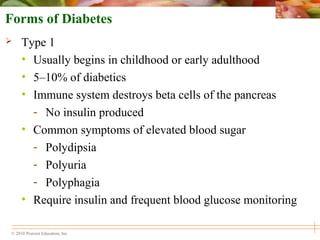 © 2010 Pearson Education, Inc.
Forms of Diabetes
 Type 1
• Usually begins in childhood or early adulthood
• 5–10% of diabetics
• Immune system destroys beta cells of the pancreas
- No insulin produced
• Common symptoms of elevated blood sugar
- Polydipsia
- Polyuria
- Polyphagia
• Require insulin and frequent blood glucose monitoring
 