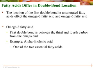 © 2010 Pearson Education, Inc.
Fatty Acids Differ in Double-Bond Location
 The location of the first double bond in unsaturated fatty
acids effect the omega-3 fatty acid and omega-6 fatty acid
 Omega-3 fatty acid
• First double bond is between the third and fourth carbon
from the omega end
• Example: Alpha-linolenic acid
- One of the two essential fatty acids
 