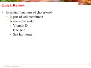 © 2010 Pearson Education, Inc.
Quick Review
 Essential functions of cholesterol
• Is part of cell membrane
• Is needed to make
- Vitamin D
- Bile acid
- Sex hormones
 