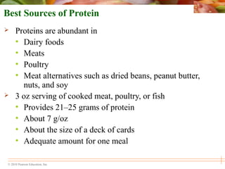 © 2010 Pearson Education, Inc.
Best Sources of Protein
 Proteins are abundant in
• Dairy foods
• Meats
• Poultry
• Meat alternatives such as dried beans, peanut butter,
nuts, and soy
 3 oz serving of cooked meat, poultry, or fish
• Provides 21–25 grams of protein
• About 7 g/oz
• About the size of a deck of cards
• Adequate amount for one meal
 
