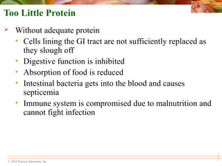 © 2010 Pearson Education, Inc.
Too Little Protein
 Without adequate protein
• Cells lining the GI tract are not sufficiently replaced as
they slough off
• Digestive function is inhibited
• Absorption of food is reduced
• Intestinal bacteria gets into the blood and causes
septicemia
• Immune system is compromised due to malnutrition and
cannot fight infection
 