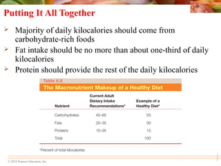 © 2010 Pearson Education, Inc.
Putting It All Together
 Majority of daily kilocalories should come from
carbohydrate-rich foods
 Fat intake should be no more than about one-third of daily
kilocalories
 Protein should provide the rest of the daily kilocalories
 