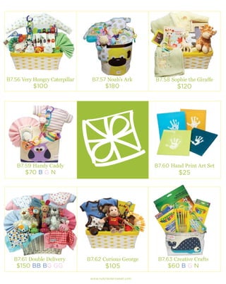 B7.58 Sophie the Giraffe
$120
B7.57 Noah’s Ark
$180
B7.56 Very Hungry Caterpillar
$100
B7.59 Handy Caddy
$70 B G N
B7.60 Hand Print Art Set
$25
B7.63 Creative Crafts
$60 B G N
B7.62 Curious George
$105
B7.61 Double Delivery
$150 BB BG GG
www.nutcrackersweet.com
 