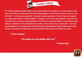 17
Creative Testing
We collected qualitative feedback about our print advertisements from members of our target audience. They
were fond of the color scheme used in the ads, and their simplicity (of both visuals and copy) was seen as “very
kid friendly”, according to one respondent. The general audience perceptions of the ads were encouraging to
us, as respondents cited the “family-friendliness” of Nutella as one of their main takeaways. Almost all of the
respondents said our ads were visually appealing, and that they increased their likelihood of purchasing Nutella.
Feelings of inspiration for future breakfasts were another common trend among our participants. A recurring
recommendation from our respondents was that we include an estimated time it takes to prepare each recipe.recommendation from our respondents was that we include an estimated time it takes to prepare each recipe.
Overall, the ads were very well received, and required little change to best accommodate our market.
 