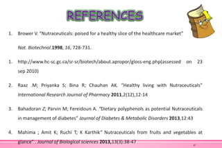 1. Brower V. “Nutraceuticals: poised for a healthy slice of the healthcare market”
Nat. Biotechnol.1998, 16, 728-731.
1. http://www.hc-sc.gc.ca/sr-sr/biotech/about.apropor/gloss-eng.php(assessed on 23
sep 2010)
2. Raaz .M; Priyanka S; Bina R; Chauhan AK. “Healthy living with Nutraceuticals”
International Research Journal of Pharmacy 2011,2(12),12-14
3. Bahadoran Z; Parvin M; Fereidoun A. “Dietary polyphenols as potential Nutraceuticals
in management of diabetes” Journal of Diabetes & Metabolic Disorders 2013,12:43
4. Mahima ; Amit K; Ruchi T; K Karthik” Nutraceuticals from fruits and vegetables at
glance” . Journal of Biological sciences 2013,13(3):38-47
47
 