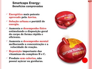 Energético  mais potente  aprovado  pela  Anvisa. Solução urbana  e portátil de  energia.  Aumenta o  desempenho físico  estimulando a disposição geral do corpo de forma rápida e eficiente. Aumenta o  desempenho mental  melhorando a concentração e a  velocidade de reação. Reposição  importante das vitaminas do complexo B e C. Produto  sem calorias , não possui açúcar ou gorduras. Smartcaps Energy: Benefícios comprovados 