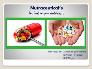 Nutraceutical’s
let food be your medicine…
Presented By- Ganesh Singh Bhakuni
m.Pharm (p’cology)
ISCP Moga.
1
 