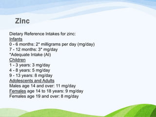 Dietary Reference Intakes for zinc:
Infants
0 - 6 months: 2* milligrams per day (mg/day)
7 - 12 months: 3* mg/day
*Adequate Intake (AI)
Children
1 - 3 years: 3 mg/day
4 - 8 years: 5 mg/day
9 - 13 years: 8 mg/day
Adolescents and Adults
Males age 14 and over: 11 mg/day
Females age 14 to 18 years: 9 mg/day
Females age 19 and over: 8 mg/day
 