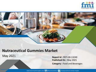 www.futuremarketinsights.com I @futuremarketins I /company/future-market-insights
© 2019 Future Market Insights, All Rights Reserved
Nutraceutical Gummies Market
May 2021 Report Id : REP-GB-13240
Published On : May 2021
Category : Food and Beverages
www.futuremarketinsights.com I @futuremarketins I /company/future-market-insights
 
