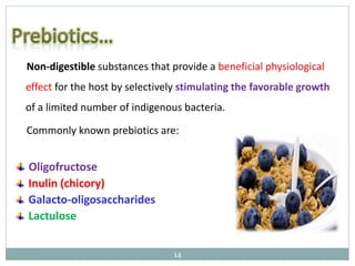 Non-digestible substances that provide a beneficial physiological
effect for the host by selectively stimulating the favorable growth
of a limited number of indigenous bacteria.
Commonly known prebiotics are:
Oligofructose
Inulin (chicory)
Galacto-oligosaccharides
Lactulose
14
 
