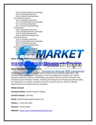 10.6.2 Product/Service Landscape
10.6.3 Financial Overview
10.6.4 Recent Developments
10.7 Nature’s Bounty
10.7.1 Company Overview
10.7.2 Product/Service Landscape
10.7.3 Financial Overview
10.7.4 Recent Developments
10.8 Amway
10.8.1 Company Overview
10.8.2 Product/Service Landscape
10.8.3 Financial Overview
10.8.4 Recent Developments
10.9 Hero Group
10.9.1 Company Overview
10.9.2 Product/Service Landscape
10.9.3 Financial Overview
10.9.4 Recent Developments
10.10 Barilla
10.10.1 Company Overview
10.10.2 Product/Service Landscape
10.10.3 Financial Overview
10.10.4 Recent Developments
Other Related Market Research Reports:
Bovine Serum Albumin Market 2020 Industry Outlook, Comprehensive Insights,
Growth and Forecast 2025 - Market Research Engine
About MarketResearchEngine.com
Market Research Engine is a global market research and consulting organization. We
provide market intelligence in emerging, niche technologies and markets. Our market
analysis powered by rigorous methodology and quality metrics provide information and
forecasts across emerging markets, emerging technologies and emerging business models.
Our deep focus on industry verticals and country reports help our clients to identify
opportunities and develop business strategies.
Media Contact
Company Name: Market Research Engine
Contact Person: John Bay
Email: john@marketresearchengine.com
Phone: +1-855-984-1862
Country: United States
Website: https://www.marketresearchengine.com/
 