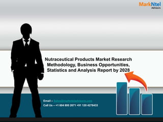 Nutraceutical Products Market Research
Methodology, Business Opportunities,
Statistics and Analysis Report by 2028
Email – Sales@marknteladvisors.com
Call Us – +1 604 800 2671 +91 120 4278433
 