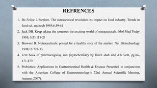 REFRENCES
1. De Felice L Stephen. The nutraceutical revolution its impact on food industry. Trends in
food sci. and tech 1995;6:59-61
2. Jack DB. Keep taking the tomatoes the exciting world of nutraceuticals. Mol Med Today
1995; 1(3):118-21
3. Browser B. Nutraceuticals: poised for a healthy slice of the market. Nat Biotechnology
1998;16:728-33
4. Text book of pharmacognosy and phytochemistry by Biren shah and A.K.Seth, pg.no-
471-479.
5. Probiotics: Applications in Gastrointestinal Health & Disease Presented in conjunction
with the American College of Gastroenterology’s 72nd Annual Scientific Meeting,
Autumn 2007).
 
