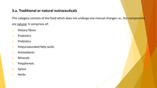 3.a. Traditional or natural nutraceuticals
This category consists of the food which does not undergo any manual changes i.e., the components
are natural. It comprises of:
1. Dietary fibres
2. Probiotics
3. Prebiotics
4. Polyunsaturated fatty acids
5. Antioxidants
6. Minerals
7. Polyphenols
8. Spices
9. Herbs
7
 