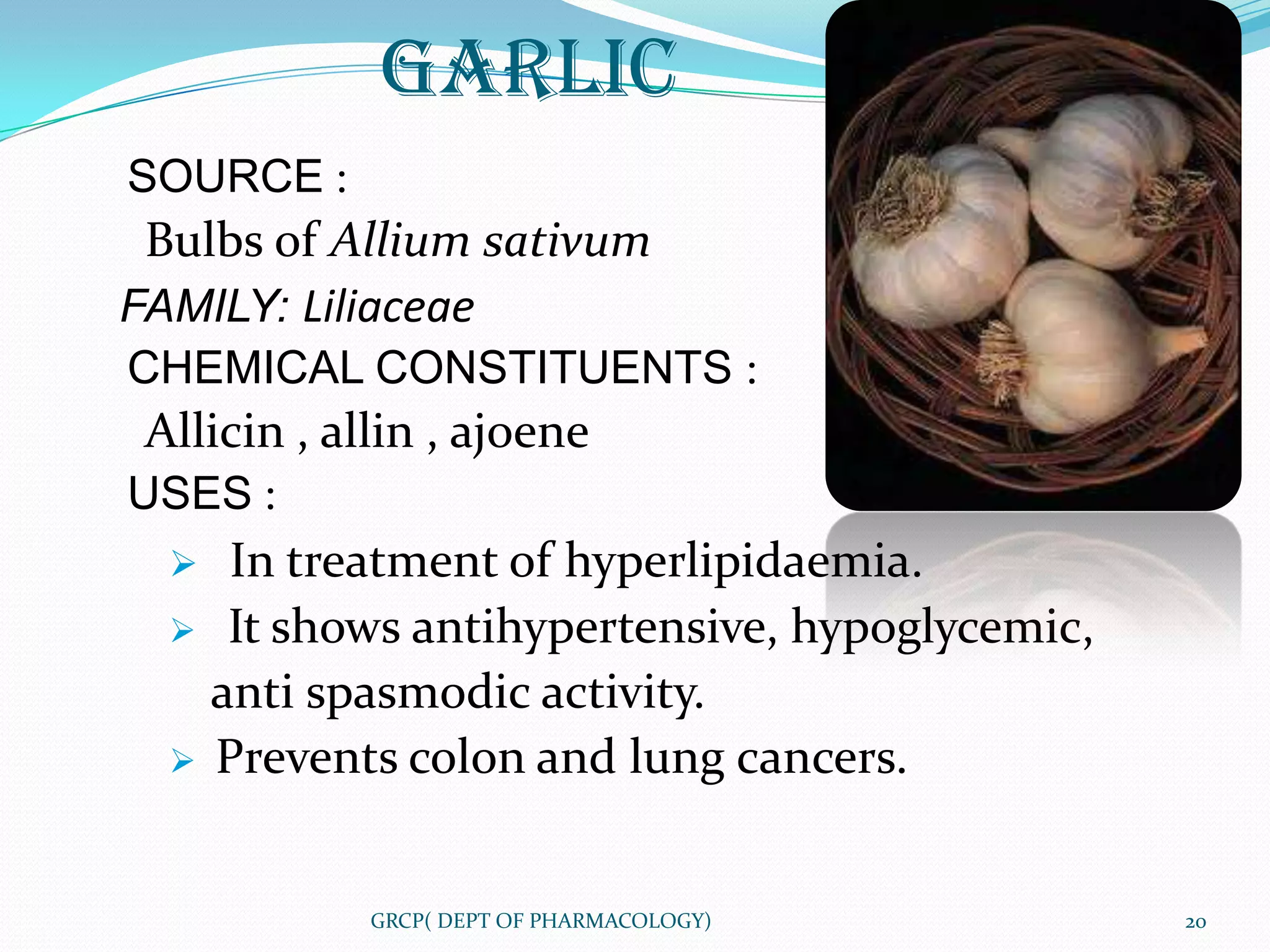 GARLIC
SOURCE :
 Bulbs of Allium sativum
FAMILY: Liliaceae
CHEMICAL CONSTITUENTS :
 Allicin , allin , ajoene
USES :
    In treatment of hyperlipidaemia.
   It shows antihypertensive, hypoglycemic,
    anti spasmodic activity.
   Prevents colon and lung cancers.



             GRCP( DEPT OF PHARMACOLOGY)       20
 