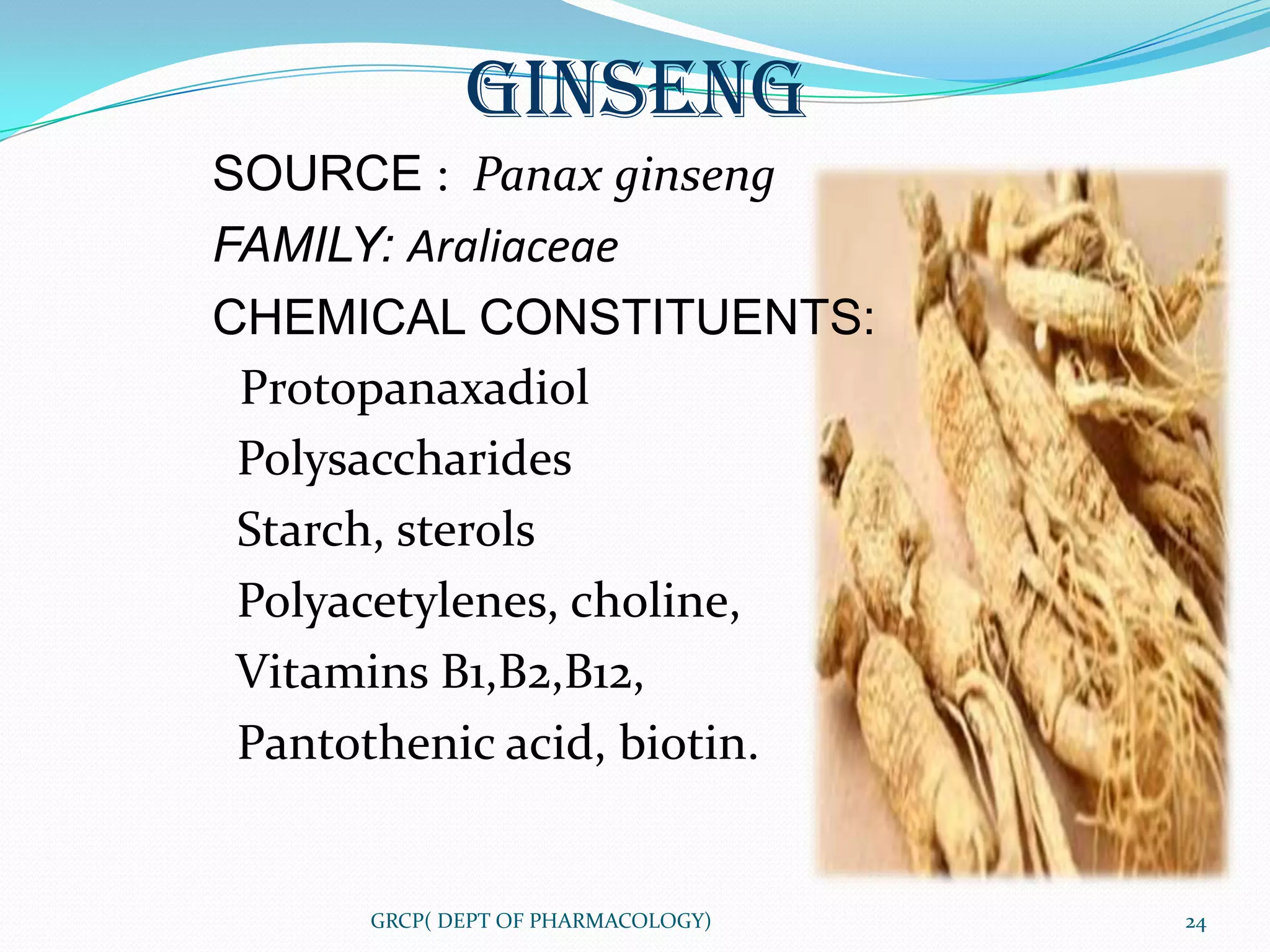 GINSENG
SOURCE : Panax ginseng
FAMILY: Araliaceae
CHEMICAL CONSTITUENTS:
 Protopanaxadiol
 Polysaccharides
 Starch, sterols
 Polyacetylenes, choline,
 Vitamins B1,B2,B12,
 Pantothenic acid, biotin.


      GRCP( DEPT OF PHARMACOLOGY)   24
 