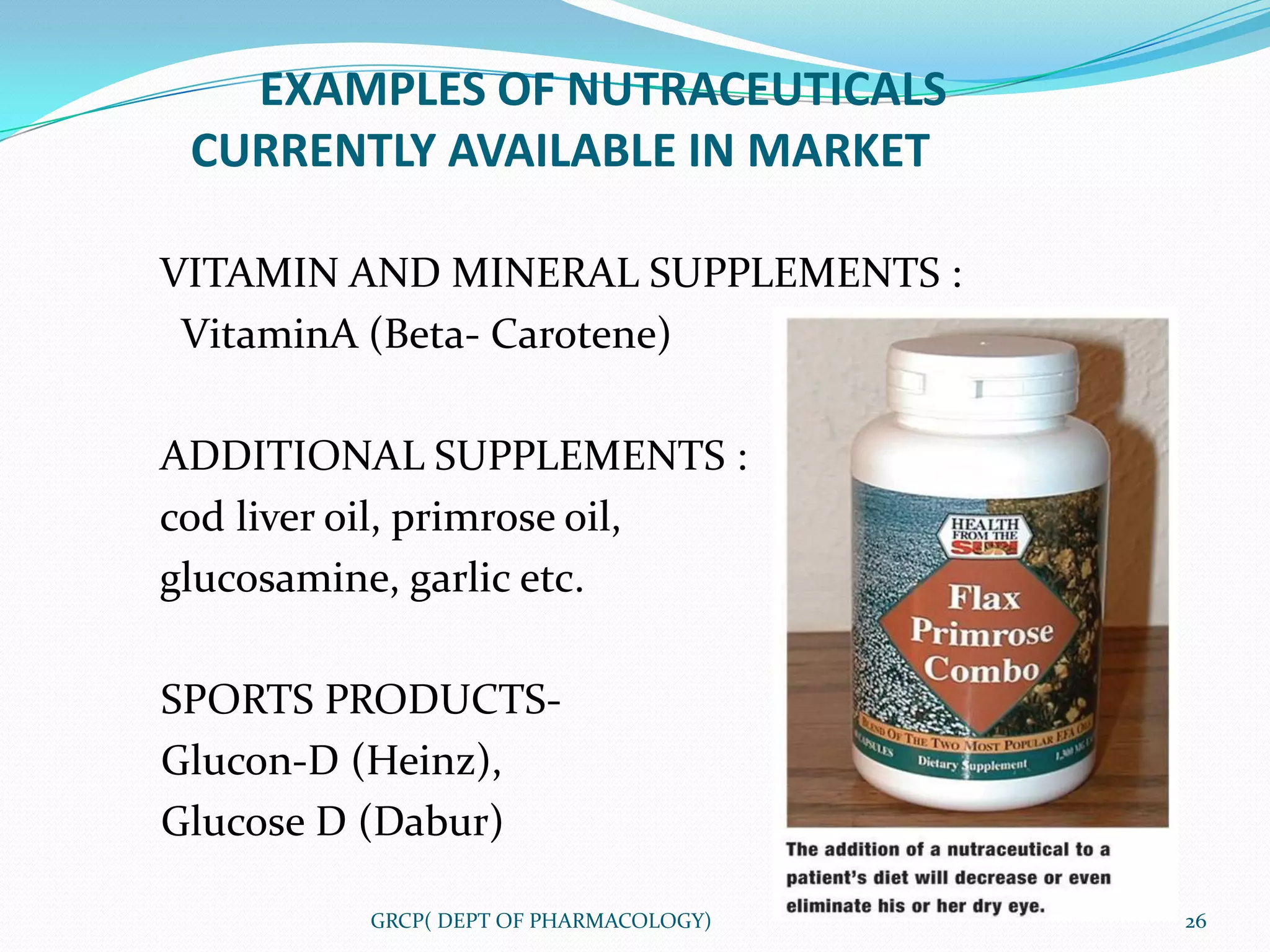 EXAMPLES OF NUTRACEUTICALS
 CURRENTLY AVAILABLE IN MARKET

VITAMIN AND MINERAL SUPPLEMENTS :
 VitaminA (Beta- Carotene)

ADDITIONAL SUPPLEMENTS :
cod liver oil, primrose oil,
glucosamine, garlic etc.

SPORTS PRODUCTS-
Glucon-D (Heinz),
Glucose D (Dabur)

          GRCP( DEPT OF PHARMACOLOGY)   26
 