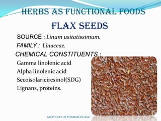 HERBS AS FUNCTIONAL FOODS
             FLAX SEEDS
SOURCE : Linum usitatissimum.
FAMILY : Linaceae.
CHEMICAL CONSTITUENTS :
Gamma linolenic acid
Alpha linolenic acid
Secoisolariciresinol(SDG)
Lignans, proteins.



           GRCP( DEPT OF PHARMACOLOGY)   11
 