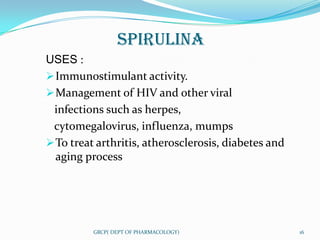 SPIRULINA
USES :
 Immunostimulant activity.
 Management of HIV and other viral
 infections such as herpes,
 cytomegalovirus, influenza, mumps
 To treat arthritis, atherosclerosis, diabetes and
  aging process




          GRCP( DEPT OF PHARMACOLOGY)                 16
 