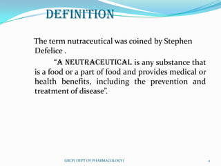 DEFINITION
The term nutraceutical was coined by Stephen
Defelice .
       “A NEUTRACEUTICAL is any substance that
is a food or a part of food and provides medical or
health benefits, including the prevention and
treatment of disease”.




         GRCP( DEPT OF PHARMACOLOGY)                  2
 