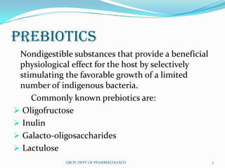 PREBIOTICS
 Nondigestible substances that provide a beneficial
 physiological effect for the host by selectively
 stimulating the favorable growth of a limited
 number of indigenous bacteria.
    Commonly known prebiotics are:
 Oligofructose
 Inulin
 Galacto-oligosaccharides
 Lactulose
             GRCP( DEPT OF PHARMACOLOGY)              7
 