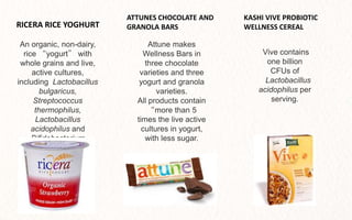 An organic, non-dairy,
rice “yogurt” with
whole grains and live,
active cultures,
including Lactobacillus
bulgaricus,
Streptococcus
thermophilus,
Lactobacillus
acidophilus and
Bifidobacterium
bifidum.
RICERA RICE YOGHURT
Attune makes
Wellness Bars in
three chocolate
varieties and three
yogurt and granola
varieties.
All products contain
“more than 5
times the live active
cultures in yogurt,
with less sugar.
ATTUNES CHOCOLATE AND
GRANOLA BARS
Vive contains
one billion
CFUs of
Lactobacillus
acidophilus per
serving.
KASHI VIVE PROBIOTIC
WELLNESS CEREAL
 