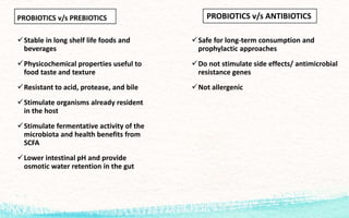 PROBIOTICS v/s PREBIOTICS
Stable in long shelf life foods and
beverages
Physicochemical properties useful to
food taste and texture
Resistant to acid, protease, and bile
Stimulate organisms already resident
in the host
Stimulate fermentative activity of the
microbiota and health benefits from
SCFA
Lower intestinal pH and provide
osmotic water retention in the gut
Safe for long-term consumption and
prophylactic approaches
Do not stimulate side effects/ antimicrobial
resistance genes
Not allergenic
PROBIOTICS v/s ANTIBIOTICS
 