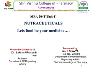 Shri Vishnu College of Pharmacy
Autonomous
Affiliated to Andhra Univ., Visakhapatnam: Approved by AICTE, PCI, New Delhi, and recognised by APSCHE NBA (B.Pharm) &
NAAC Accredited
1
MRA 204T(Unit-1)
NUTRACEUTICALS
Lets food be your medicine….
Presented by :
Ms. I. BHAVYA
Reg. No.: 222303
Department of Pharmaceutical.
Regulatory Affairs
Shri Vishnu college of Pharmacy
Under the Guidance of
Dr . Lakshmi Prasanthi
Nori
Professor
Department. Of Regulatory
Affairs
 