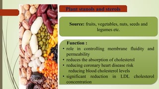 Function :
• role in controlling membrane fluidity and permeability
• reduces the absorption of cholesterol
• reducing coronary heart disease risk
reducing blood cholesterol levels
• significant reduction in LDL cholesterol concentration
Plant stanols and sterols
Source: fruits, vegetables, nuts, seeds and legumes etc.
Function :
• role in controlling membrane fluidity and
permeability
• reduces the absorption of cholesterol
• reducing coronary heart disease risk
reducing blood cholesterol levels
• significant reduction in LDL cholesterol
concentration
Plant stanols and sterols
Source: fruits, vegetables, nuts, seeds and
legumes etc.
 