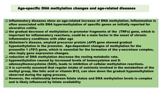 Age-specific DNA methylation changes and age-related diseases
 inflammatory diseases show an age-related increase of DNA methylation. Inflammation is
often associated with DNA hypermethylation of specific genes as initially reported for
ulcerative colitis.
 the gradual decrease of methylation in promoter fragments of the (TNFα) gene, which is
important for inflammatory reactions, could be a main factor in the onset of chronic
inflammatory conditions with older age
 Alzheimer’s disease, amyloid precursor protein (APP) gene showed gradual
hypomethylation in the promoter. Age-dependent changes of methylation for the
presenilin 1 (PS1) gene, which is essential for the formation of the γ-secretase complex,
also imply gene expression changes.
 reduction of DNA methylation decrease the resting metabolic rate.
 hypomethylation caused by increased levels of homocysteine and S-
adenosylhomocysteine (SAH), leads to inhibition of cellular methylation reactions.
 it is currently assumed that regular intake of nutrients involved in the metabolism of the
methyl group, like folic acid or vitamin B12, can slow down the gradual hypomethylation
observed during the aging process.
 However, the relationship between folate status and DNA methylation levels is complex
and is likely influenced by folate availability
 